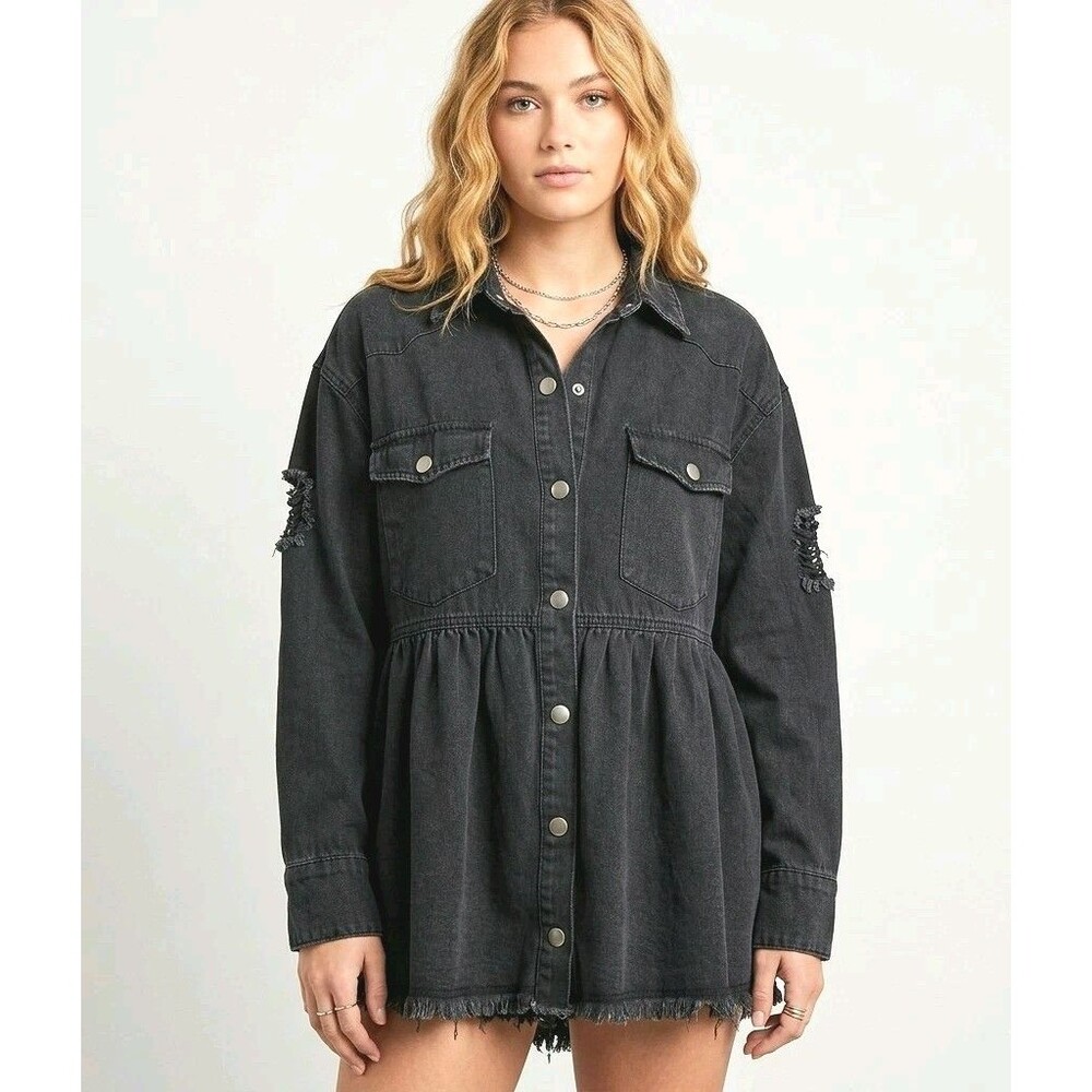 Fate Black Denim Button Down Shirt Jacket Womens Size Small Distressed Peplum...
